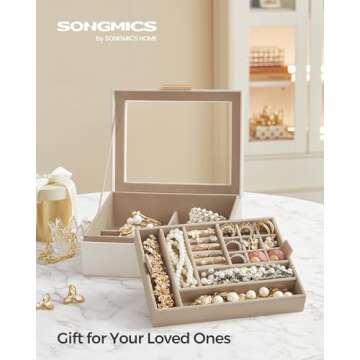 SONGMICS Jewelry Box with Glass Lid, 2-Layer Jewelry Organizer with Removable Tray, Jewelry Storage, Modern Style, Gift for Loved Ones, Cloud White and Metallic Gold UJBC238W01