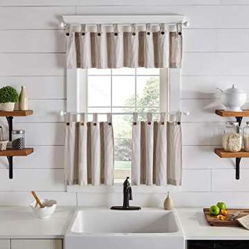 Elrene Home Fashions Tucker Ticking Stripe Window Valance for Kitchen or Bathroom, 60" x 15", 1 Valance, Linen