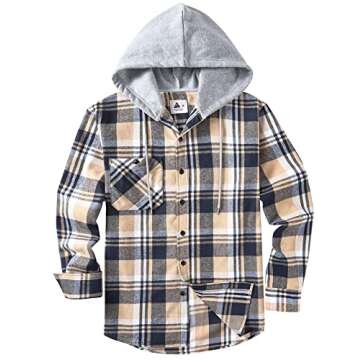 SCODI Mens Flannel Hoodie Shirt Casual Button Down Plaid Jacket Shirts Stylish Long Sleeve Shirts with Pocket Navybeigewhite Medium