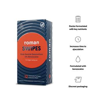 Roman Swipes | Fast-Acting, Convenient, Over-The-Counter Wipes Increase Stamina, Formulated with 4% Benzocaine, Features Discreet Packaging | 12-Pack