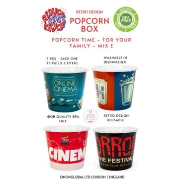 Retro Style Reusable Plastic Popcorn Containers/Popcorn Bowls Set for Movie Theater Night - Washable in The Dishwasher - (BPA Free-4 Pack) (Mix E)