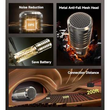 ECHOMUSSY Wireless Microphone, Metal Dynamic Mic System with One-to-One Chip Connection and Rechargeable Receiver, 40H Duration, 200FT Range Receiving, Less Latency Karaoke Microphone for Singing