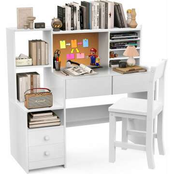 Stylish White Kids Desk and Chair Set for Ages 5-12 with Storage