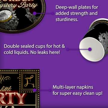 Murder Mystery Themed Party Supplies - Adult Birthday Supplies - Tableware Set Includes Plates Napkins Cups - Kit for 16