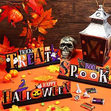 3 Pieces Halloween Table Decorations Pumpkin Table Centerpiece Boo Spooky Wood Sign Trick or Treat Witch Hat Table Decor for Halloween Table Party Living Room Kitchen Office Bar Decorations