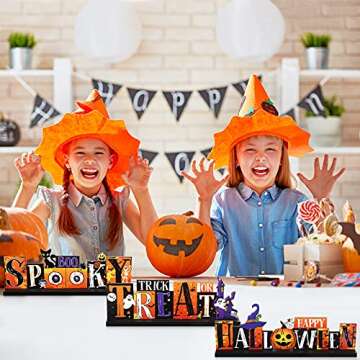 3 Pieces Halloween Table Decorations Pumpkin Table Centerpiece Boo Spooky Wood Sign Trick or Treat Witch Hat Table Decor for Halloween Table Party Living Room Kitchen Office Bar Decorations