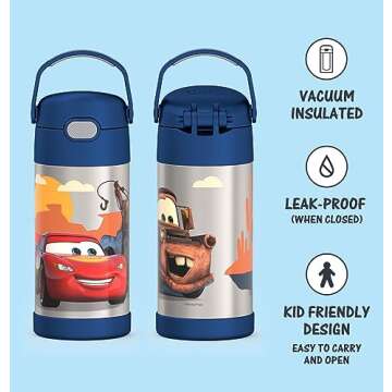 THERMOS FUNTAINER Water Bottle with Straw - 12 Ounce, Cars - Kids Stainless Steel Vacuum Insulated Water Bottle with Lid