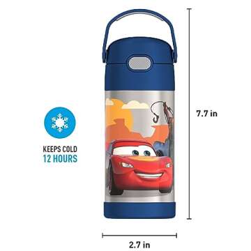 THERMOS FUNTAINER Water Bottle with Straw - 12 Ounce, Cars - Kids Stainless Steel Vacuum Insulated Water Bottle with Lid