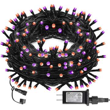 DAZZLE BRIGHT Halloween 300 LED String Lights, 100FT String Lights with 8 Lighting Modes, Halloween Decorations for Party Carnival Supplies, Outdoor Yard Garden Decor (Purple & Orange)