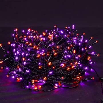 DAZZLE BRIGHT Halloween 300 LED String Lights, 100FT String Lights with 8 Lighting Modes, Halloween Decorations for Party Carnival Supplies, Outdoor Yard Garden Decor (Purple & Orange)