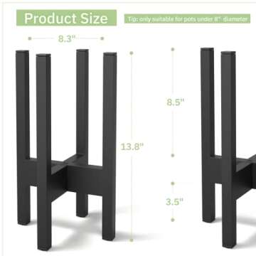 Future Way Modern Plant Stand, 8-Inch Black Plant Stands for Indoor Plants, Mid Century Metal Plant Holder, Sturdy and Stable, Adjustable Height, Single Plant Stand - Excluding Plant Pot