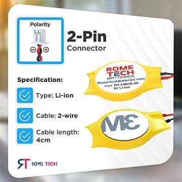 Rome Tech RTC CMOS Battery for Intel NUC 5PPYH, AsRock AM1H-ITX, H110M-ITX, H270M-ITX/ac, B550M ITX Motherboards - Laptop Backup BIOS NUC CMOS CR2032 with 2 Pin Wire Cable