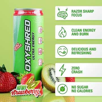 EHP Labs OxyShred Healthy Energy Drink - Zero Sugar Energy Drinks with Amino Acids, Green Tea Extract, Vitamin C & L Carnitine - Zero Carbs, Zero Calories, Clean Caffeine, Kiwi Strawberry (12-Pack)