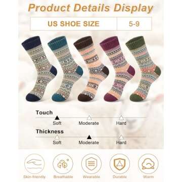 5 Pack Womens Wool Socks Winter Warm Socks Thick Knit Cabin Cozy Crew Soft Socks Hiking Athletic Socks Gifts for Women