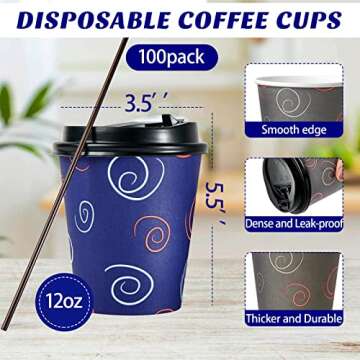 TV TOPVALUE 100 Pack 12 oz Paper Cups, Disposable Coffee Cups with Lids and Straws, Drinking Cups for Water, Coffee, Tea, Hot Coffee Cups for Home, Shops and Cafes