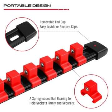 Socket Organizer Holder Tool Box: 9-Piece Socket Holders 1/4 X 48 Clips 3/8 X 45 Clips 1/2 X 36 Clips Socket Rail Heavy Duty Holder w Socket Labels Socket Organizer for Tool Box Drawer(Red&Blue&Black)