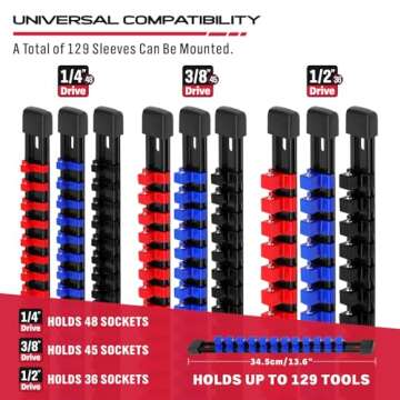 Socket Organizer Holder Tool Box: 9-Piece Socket Holders 1/4 X 48 Clips 3/8 X 45 Clips 1/2 X 36 Clips Socket Rail Heavy Duty Holder w Socket Labels Socket Organizer for Tool Box Drawer(Red&Blue&Black)