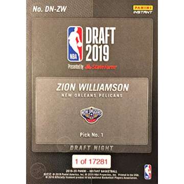 ZION WILLIAMSON First Rookie Basketball Card! – 2019 Panini Instant Zion Williamson RC #DN1 1st Draft Pick RC - PRESELL Release 7/31 - Reserve Yours Now Before Values Increase!