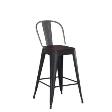 Aklaus Metal Bar Stools Set of 4,26 inch Barstools Counter Height Bar Stools with Backs Farmhouse Bar Stools with Larger seat High Back Kitchen Dining Chairs Modern Bar Chairs Matte Black Stool