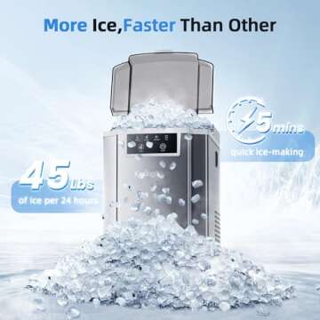 KaringBee Nugget Ice Maker Countertop - 45lbs/24H, 5mins Making Soft Chewable Pellet Ice - Self-Cleaning, Sonic Ice, Pebble Ice Machine for Home Kitchen,Office - Stainless Steel