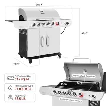 Royal Gourmet SG6002R 6-Burner Propane Grill with Sear Burner and Side Burner, Stainless Steel Cabinet Style Gas Grill with 71,000 BTU Output, for Outdoor Patio Garden Picnic Backyard Cooking, Silver