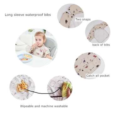 GZMM Waterproof Baby Bibs,Infant Toddler Long Sleeve Feeding Bib With Food Catcher,Easy Clean & Washable