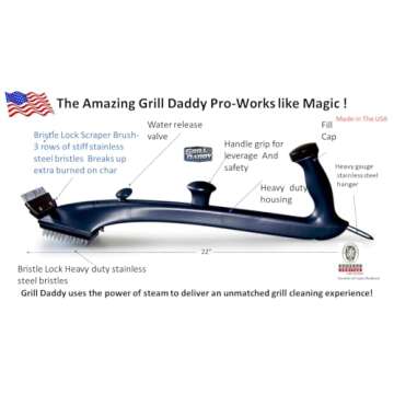 Grill Daddy Pro Made in USA - Ultimate Grill Brush for Outdoor BBQs & Grilling Accessories, Steam Cleaning Power, 22" Handle