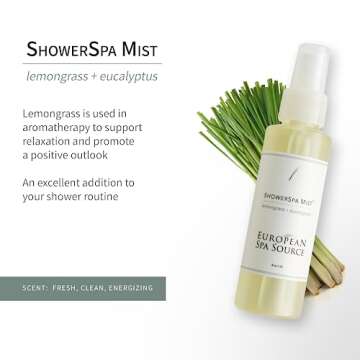 European Spa Source Energizing Lemongrass + Eucalyptus ShowerSpa Mist Spray for Aromatherapy, at Home Spa Experience, Sinus Congestion Relief, and Tension Relief, 4 fl oz.