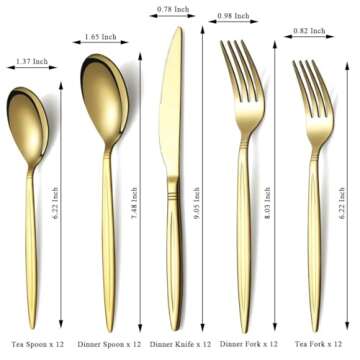 Evanda Gold Silverware Set 60 Piece Service for 12, Titanium Gold Plated Stainless Steel Modern Flatware Set, Knives Forks Spoons Set for Wedding, Parties, Birthday, Restauroom, Dishwasher Safe