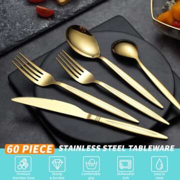 Evanda Gold Silverware Set 60 Piece Service for 12, Titanium Gold Plated Stainless Steel Modern Flatware Set, Knives Forks Spoons Set for Wedding, Parties, Birthday, Restauroom, Dishwasher Safe