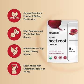 NatureBell Organic Beet Root Powder 5Lbs | 4,000mg Per Serving – Concentrated Whole Beet Root Source | High Dietary Nitrates – Raw Superfood Supplements – Great for Vegan Shakes & Smoothies – Non-GMO