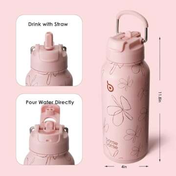 BOTTLE BOTTLE 32 oz Insulated Water Bottle Stainless Steel Sport Water Bottle with Straw Dual-use Lid Design for Gym with Pill Box (pink flower)