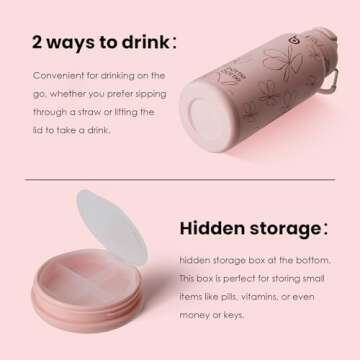 BOTTLE BOTTLE 32 oz Insulated Water Bottle Stainless Steel Sport Water Bottle with Straw Dual-use Lid Design for Gym with Pill Box (pink flower)