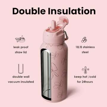 BOTTLE BOTTLE 32 oz Insulated Water Bottle Stainless Steel Sport Water Bottle with Straw Dual-use Lid Design for Gym with Pill Box (pink flower)