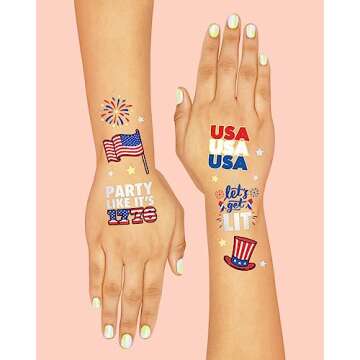 xo, Fetti Fourth of July Decorations Temporary Tattoos - 30 styles | America, Red White and Blue Party Supplies, 4th of July, USA,Memorial Day, Independence Day, Labor Day