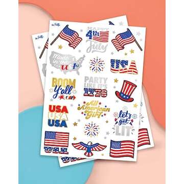 xo, Fetti Fourth of July Decorations Temporary Tattoos - 30 styles | America, Red White and Blue Party Supplies, 4th of July, USA,Memorial Day, Independence Day, Labor Day