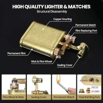 CHOICEDC Vintage Lighter Permanent Match, Cool Trench Lighter Brass Pipe Lighter, Unique Lighters, Antique Kerosene Lighter Fluid Refillable, Reusable Waterproof Matches Lighters, Classic Gift for Men