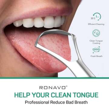 RONAVO Tongue Scraper for Adults, Two Colors Designed for Couples, Cure Bad Breath, Tongue Cleaners Stainless Steel, Metal Tongue Scrapers for Oral Care & Hygiene (2 Pack)