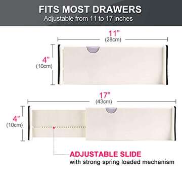 Drawer Dividers Organizer 5 Pack, Adjustable Separators 4" High Expandable from 11-17" for Bedroom, Bathroom, Closet,Clothing, Office, Kitchen Storage, Strong Secure Hold, Foam Ends, Locks in Place