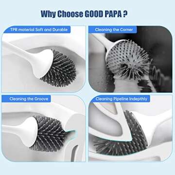 Toilet Scrubber, Silicone Toilet Brushes for Bathroom with Holder, Toilet Brush Cleaner Set with 2 Brush Heads, Good Papa Electric Toilet Brush, Floor Standing, Wall Mounted without Drilling