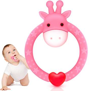 SHARE&CARE BPA Free Silicone Giraffe Baby Teether Toy with Storage Case, for 3 Months Above Infant Sore Gums Pain Relief and Baby Shower, Baby Teething Toys (Pink)