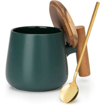 Ceramic Coffee Mug with Lid & Spoon - Dark Green