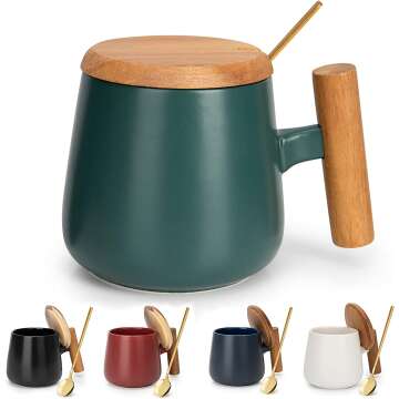 Ceramic Coffee Mug with Lid & Spoon - Dark Green