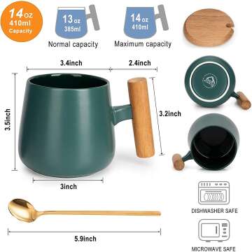 Ceramic Coffee Mug with Lid & Spoon - Dark Green