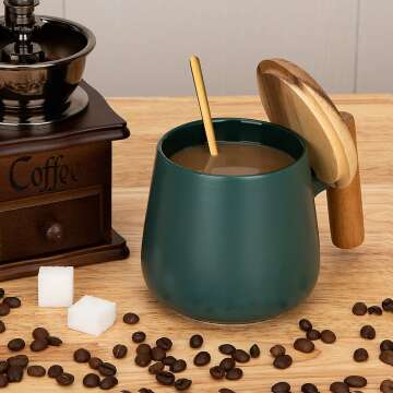 Ceramic Coffee Mug with Lid & Spoon - Dark Green