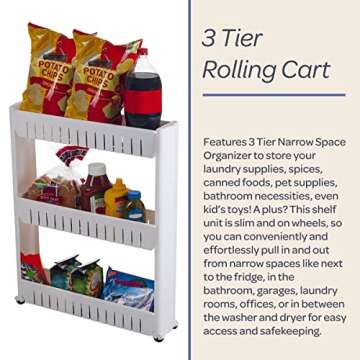 3-Tier Rolling Cart - Narrow-Space Kitchen or Bathroom Organizer - Slim Slide-Out Storage Shelves - Organization and Storage Furniture by Lavish Home