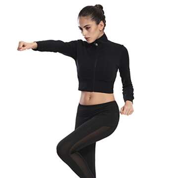 J-pinno Women's Fitness Sexy Crop Top Jacket Sports Gym Workout Running Jacket Zip Up Long Sleeve Athletic Yoga Shirt (S/M, Black)