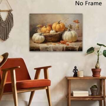 Vintage Autumn Canvas Wall Art Pumpkin Still Life Painting Rustic Farmhouse Fall Print Autumn Pumpkin Wall Art Farmhouse Pumpkin Picture Thanksgiving Art Prints Halloween Fall Picture 16x20in No Frame