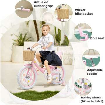 Girls Bike with Basket for Toddlers and Kids Aged 3-14 Years Old,14 16 18 Inch Girls Bike with Training Wheels,20 Inch without Training Wheels, Princess Style Bicycle with Doll Seat & Daisy Prints