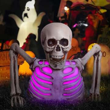 Halloween Skeleton Decorations with Light, Skull Lamp for Halloween Decor, Groundbreaker Skull Stakes Lights Scary Halloween Indoor Outdoor Lighted Holiday Party Yard Home Decor